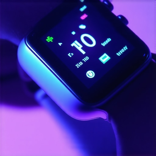 Futuristic wearable device showing health metrics in a modern setting