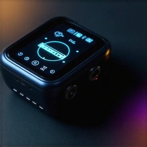 A high-tech wearable device featuring multimodal sensors and AI analytics in a futuristic setting