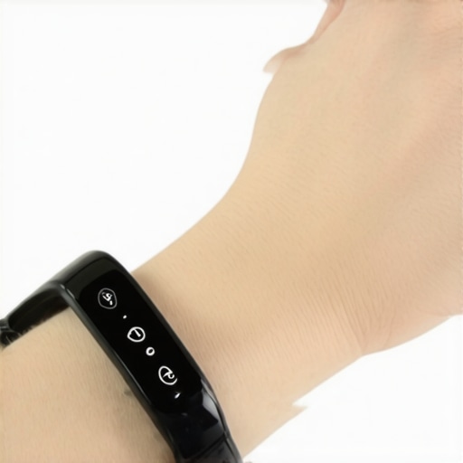 Close-up of a futuristic health wearable with sensors and digital interface