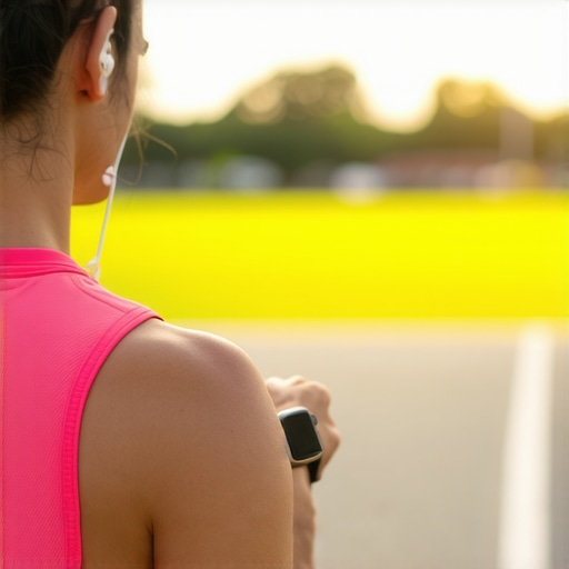 Person exercising with smartwatch and wireless earbuds, fitness tracking in action