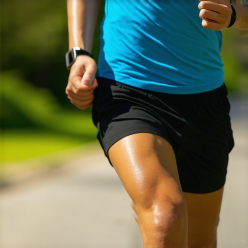Person running outdoors wearing smartwatch and wireless earbuds, tracking fitness.