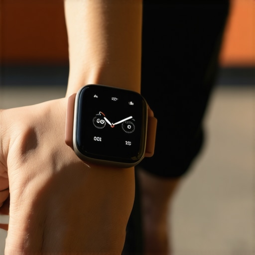 Smartwatch displaying health metrics with a person running outdoors