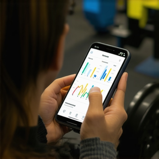 Person reviewing health metrics on a fitness wearable device in a gym environment.