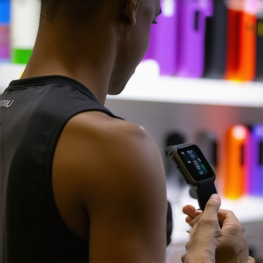 Person selecting fitness wearable device in a store.