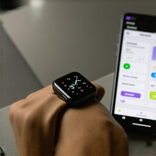 Person configuring a fitness smartwatch on their wrist with a tracking app on the phone.