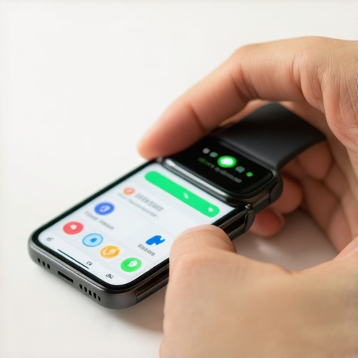 Person configuring a smartwatch with health monitoring apps on smartphone