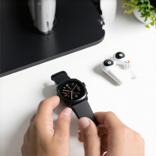 Person configuring smartwatch and earbuds for fitness tracking.