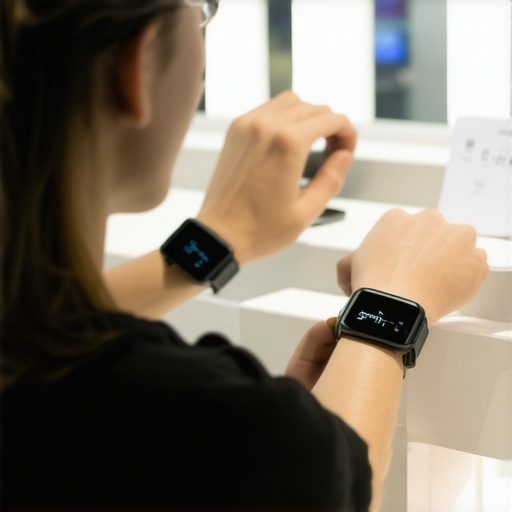 Person trying different smartwatches and fitness trackers in a store, comparing features and comfort.