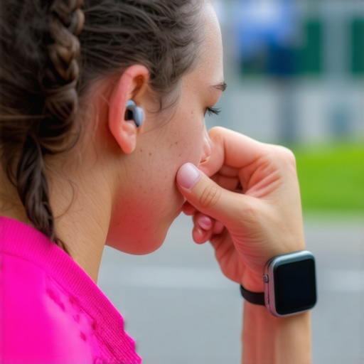 Person fitting wireless earbuds and smartwatch during a fitness shopping trip