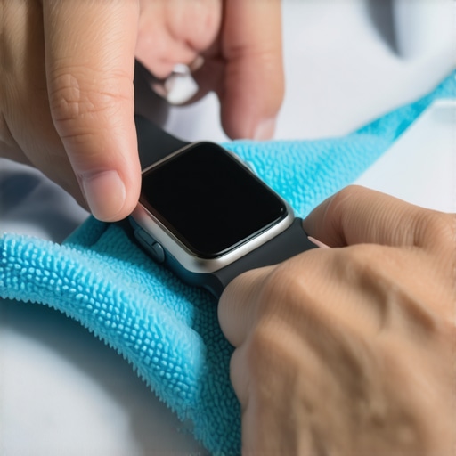 Person cleaning a fitness tracker with a microfiber cloth to show device maintenance