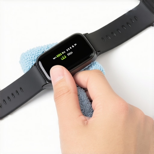 Person cleaning a fitness tracker with a cloth for proper maintenance.