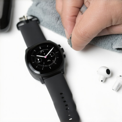 Person cleaning smartwatch and earbuds with a cloth