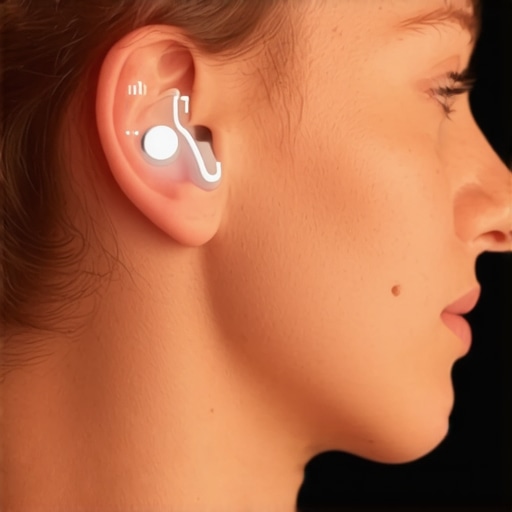 Illustration of wireless earbuds equipped with sensors for temperature, hydration, and stress monitoring.