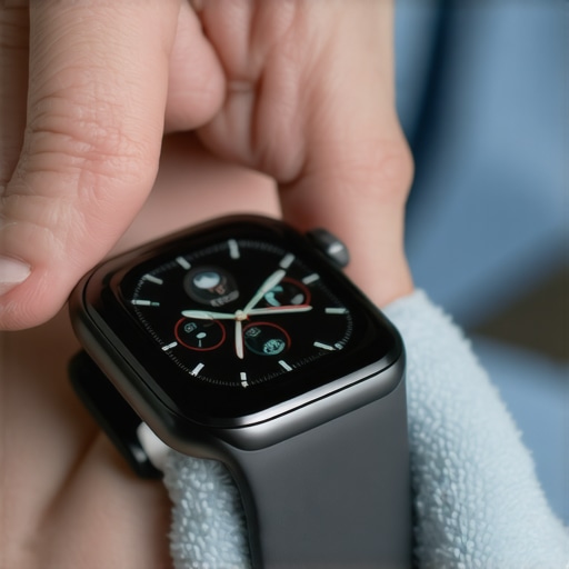 Person cleaning a smartwatch with a microfiber cloth to showcase device upkeep