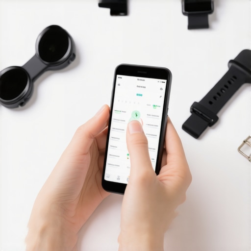 A person managing and calibrating health gadgets such as smartwatches and fitness trackers with a smartphone.
