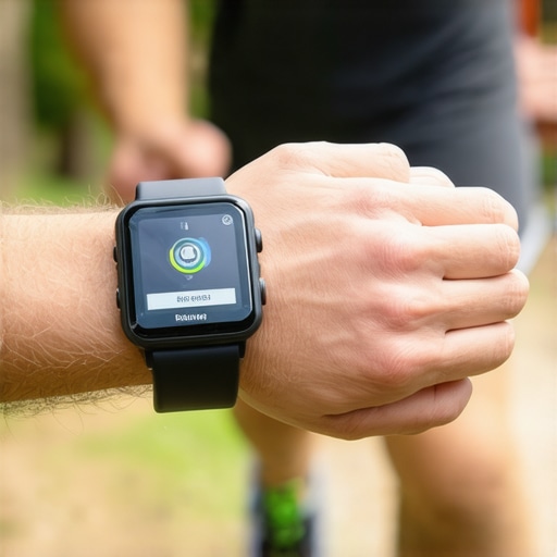 Runner looking at smartwatch's battery level on a trail with scenic background
