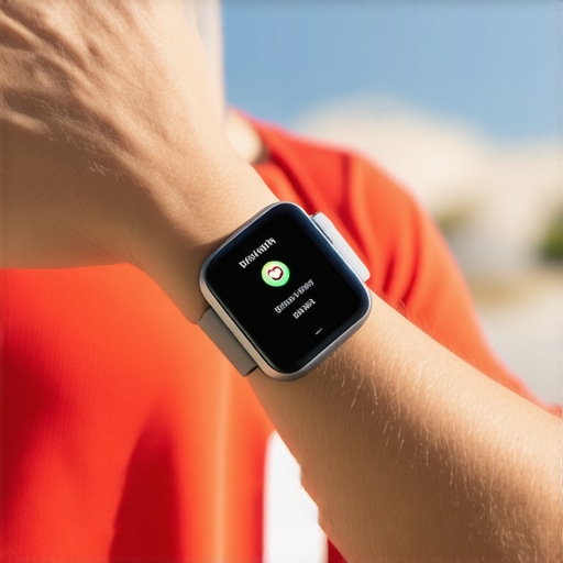 Person checking vitamin D levels on a wearable device outdoors.