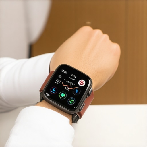 Close-up of hands scrolling through health data on a smartwatch