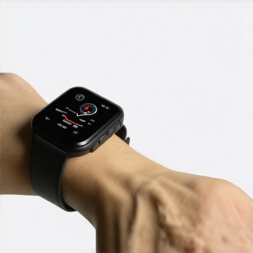 Person wearing a smartwatch with skin analysis features, highlighting health metrics.