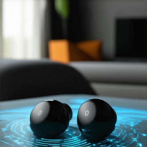 Close-up of wireless earbuds showing sonar scanning in a contemporary living room