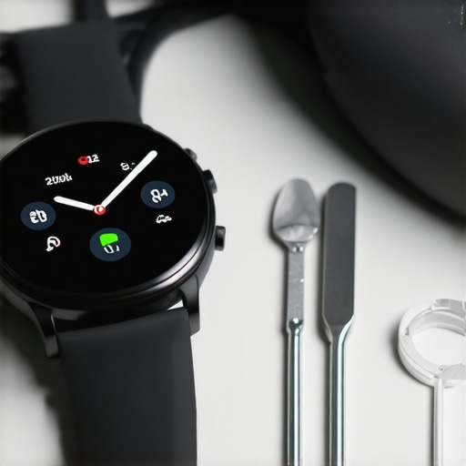 A smartwatch and fitness tracker on a desk with cleaning cloth and calibration tools for device maintenance.