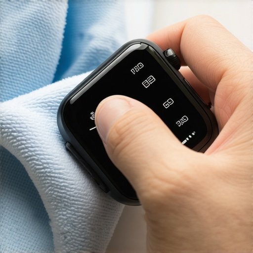 Person cleaning smartwatch sensor with a cloth to ensure accurate health tracking.