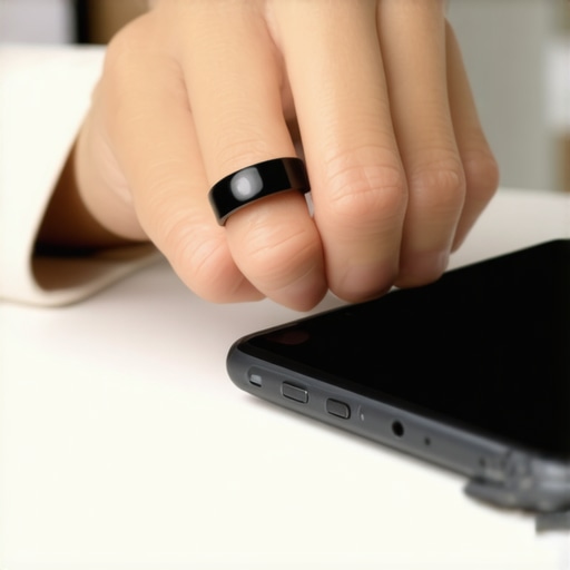 Close-up of a person wearing a modern smart ring detecting physiological stress indicators while working.