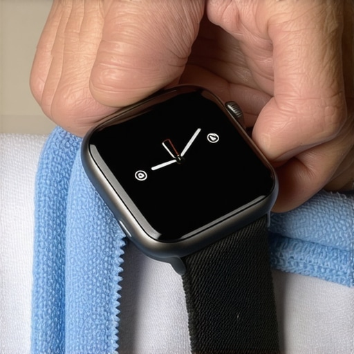 Person gently cleaning a smartwatch's sensor with a microfiber cloth.