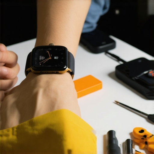 Close-up of a person's hands calibrating a smartwatch with specialized tools in a home office lighting