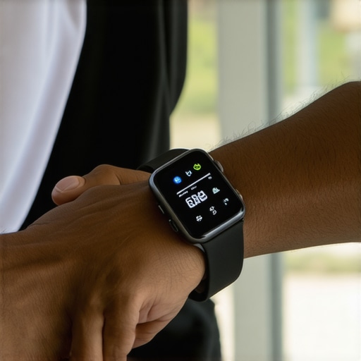 Close-up of a person checking biometric data on a smartwatch during workout